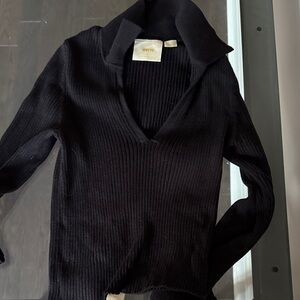 Maeve Black Ribbed V-Neck Collared Women's Sweater